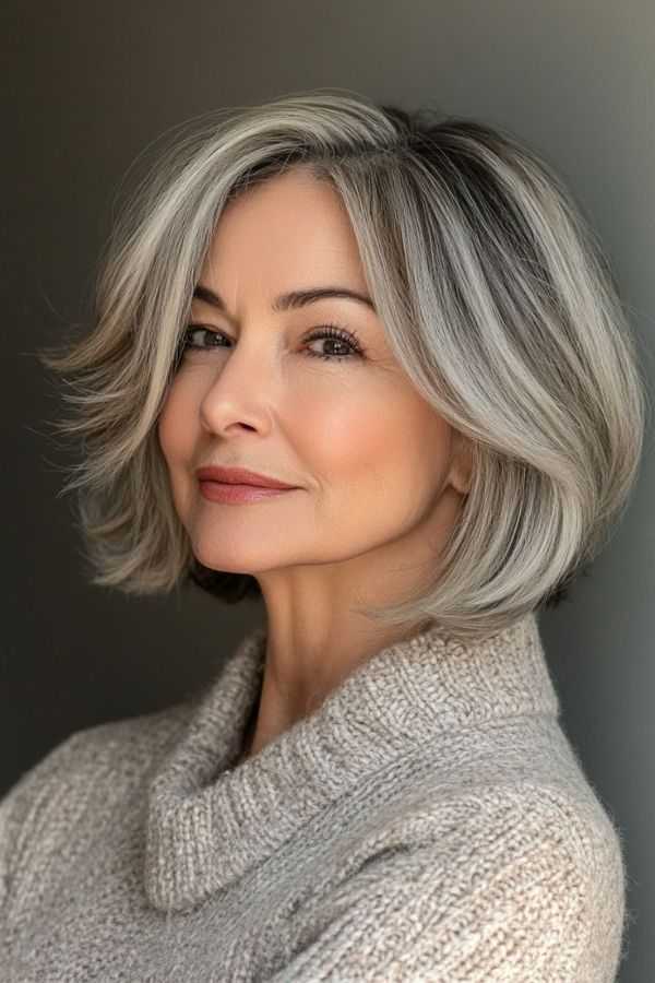 Feathered Bob with Gray Highlights